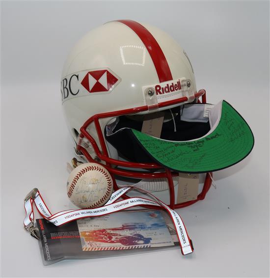 Sporting memorabilia, inc Hamilton & Alonso signed photos, Grand Prix Gold Pass, American Football helmet, signed baseball cap etc